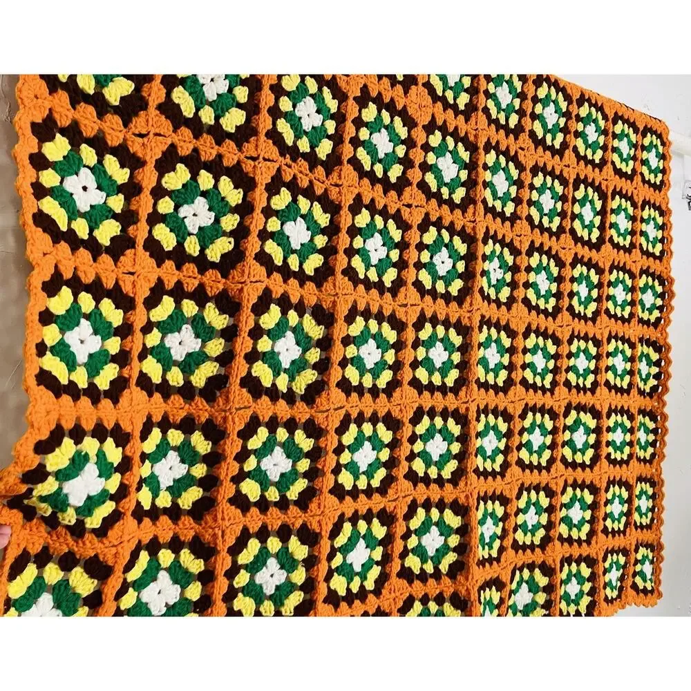 Vintage Crochet Granny Square Afghan Blanket Green Orange Brown Retro 70s Hippie